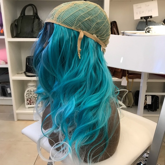 Human hair blend green mix blue with white wig - Picture 6 of 8